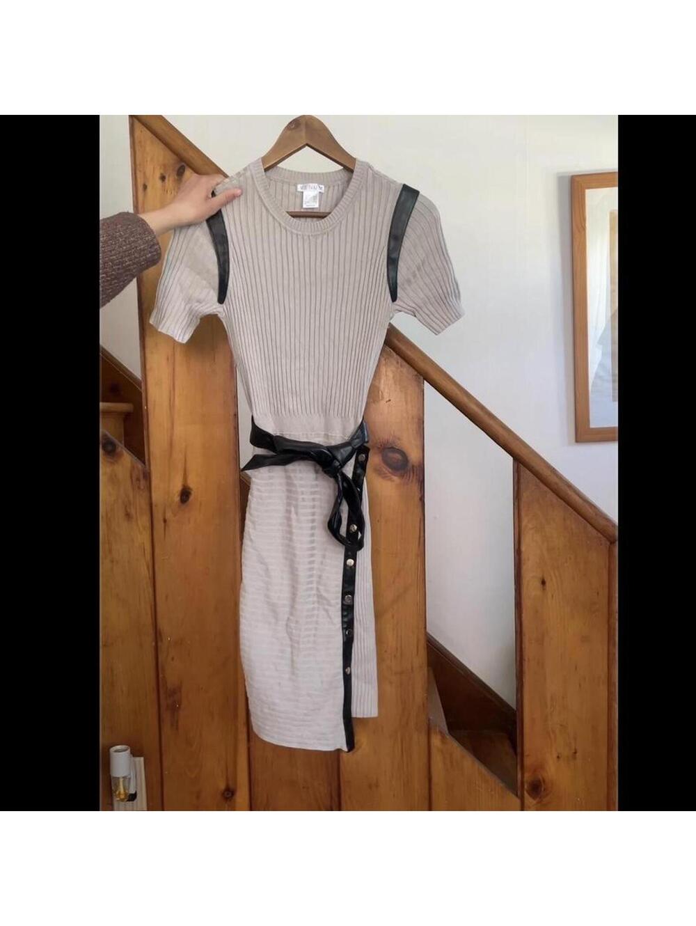 Venus tan ribbed knit dress with black faux leather details size small